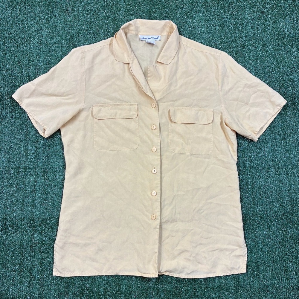 Vintage 90s Anna and Frank‎ Silk Shirt Light Yellow Short Sleeve Button Down
